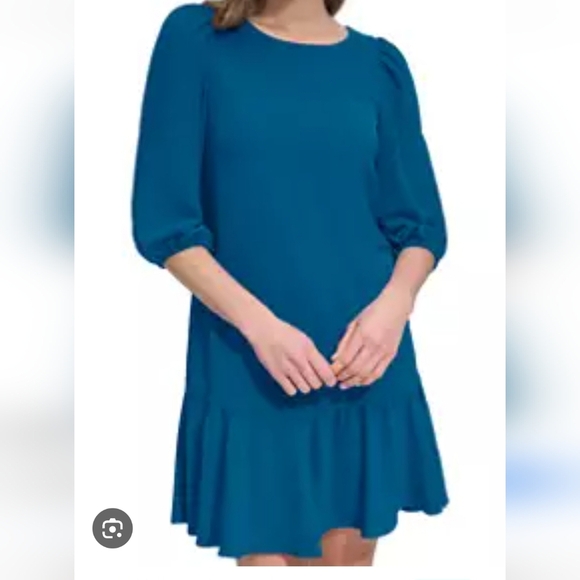 DKNY Blue Puff Sleeve A-Line Dress Size 14 NWT - Picture 1 of 8